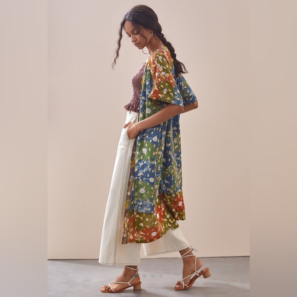 Anthropologie Current Air Floral Shine Duster Kimono in Olive in One Size - Picture 2 of 8